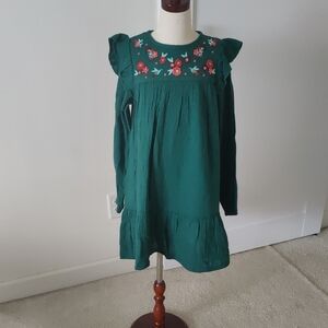 Cat & Jack Dark Green Floral Embroidered Long-Sleeve Cotton Dress Cottagecore